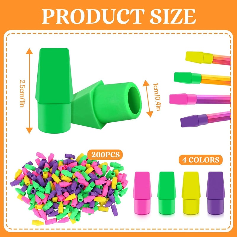 PRALB 200PCS Multicolor Pencil Top Eraser Bulk Caps for Pencils,Chisel Shape Erasers Toppers for Party Favors Games Prizes, Pencil Top Erasers Cap for Home School Classroom Office - Image 2